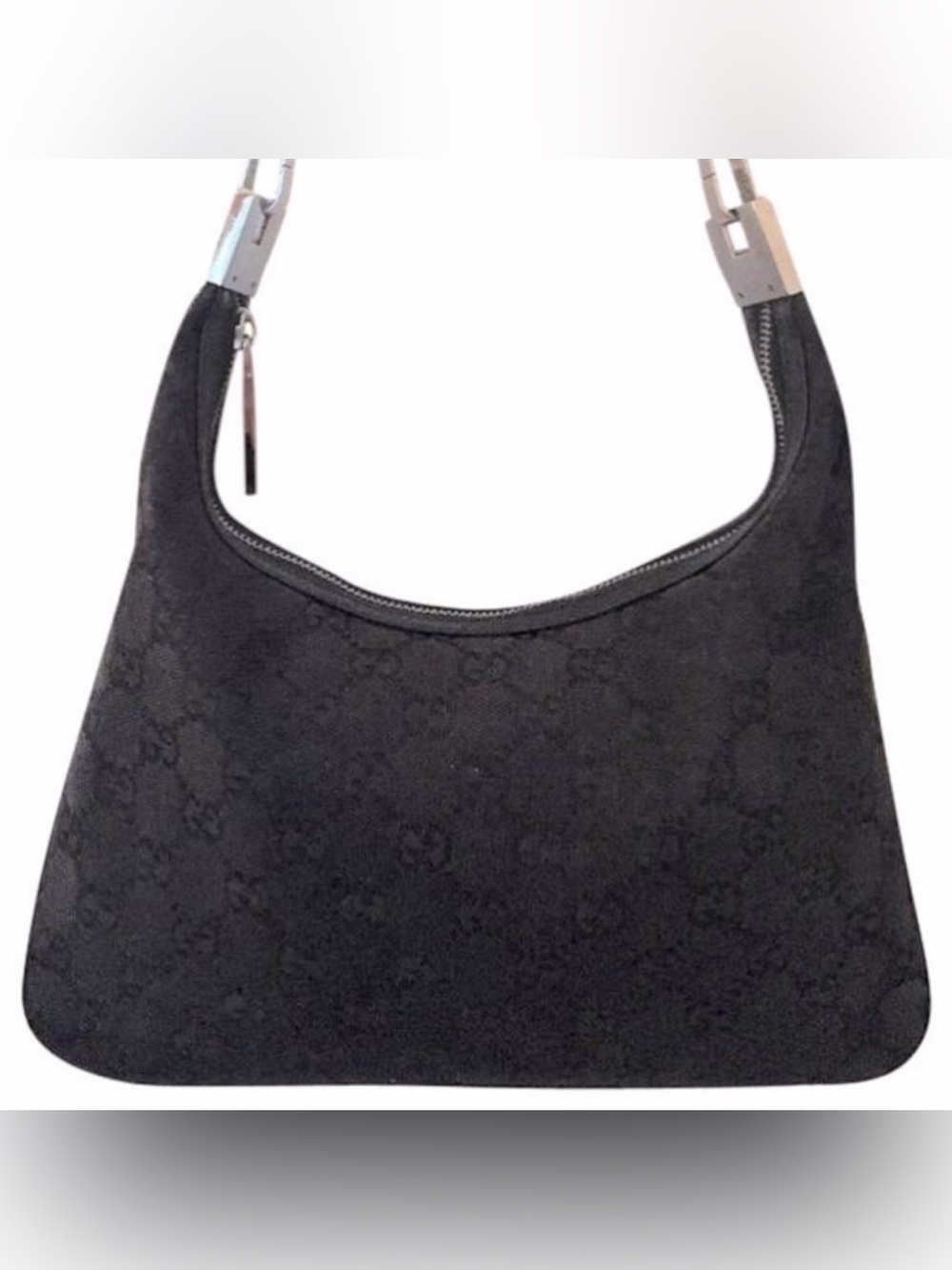 Vintage Gucci Jacquard Black Canvas Monogram Shoulder Bag with Detachable Strap